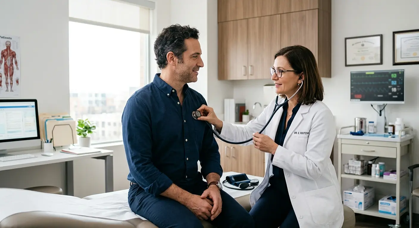 Doctor performing a routine heart health checkup in a modern medical office